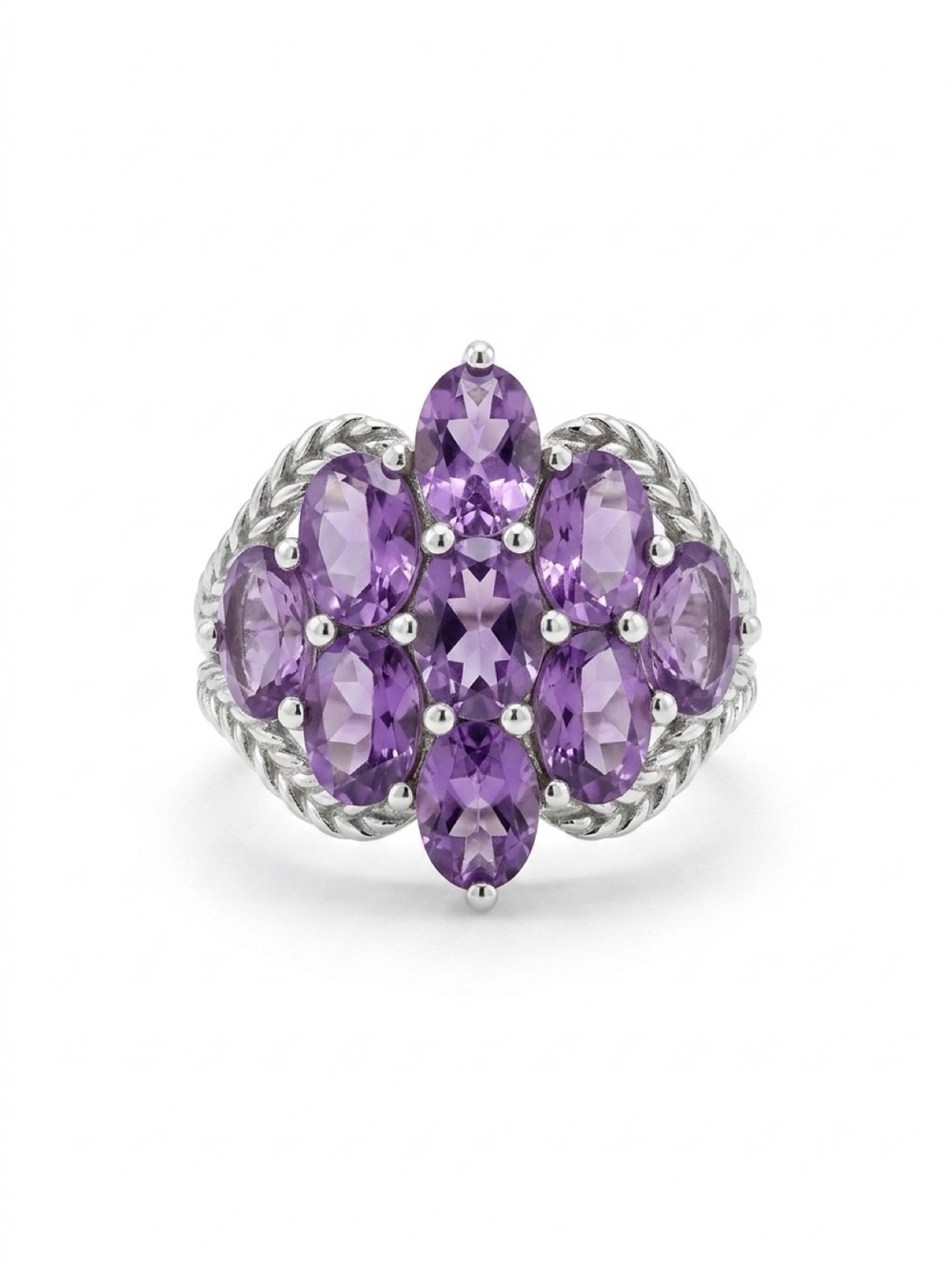 Sterling Silver Amethyst Cluster Coctail Ring - purple , size 5
